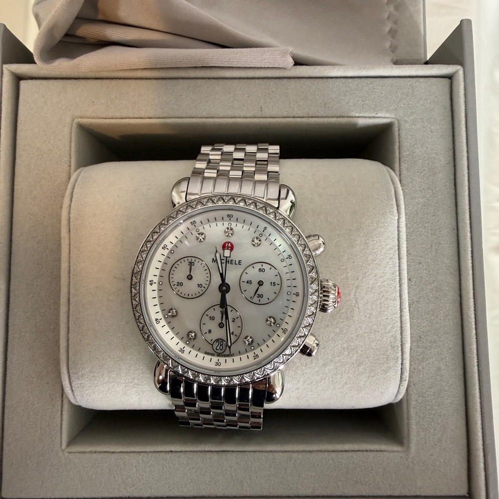 Michele Steel CSX 36 Chronograph Watch with Diamond white mother of pearl